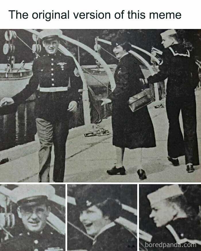 Black and white image of three people in uniform, featuring humorous expressions for meme art.