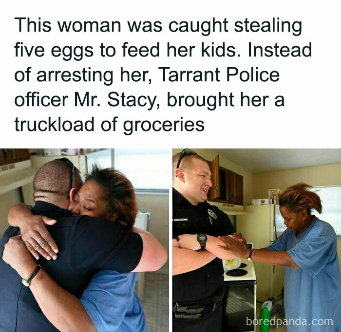 Police officer helps woman with groceries instead of arresting her. Heartwarming moment shared on meme page.