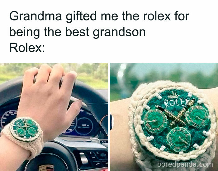 Hand wearing a crochet watch mimicking a Rolex, with text above referring to a grandma's gift; a humorous meme.