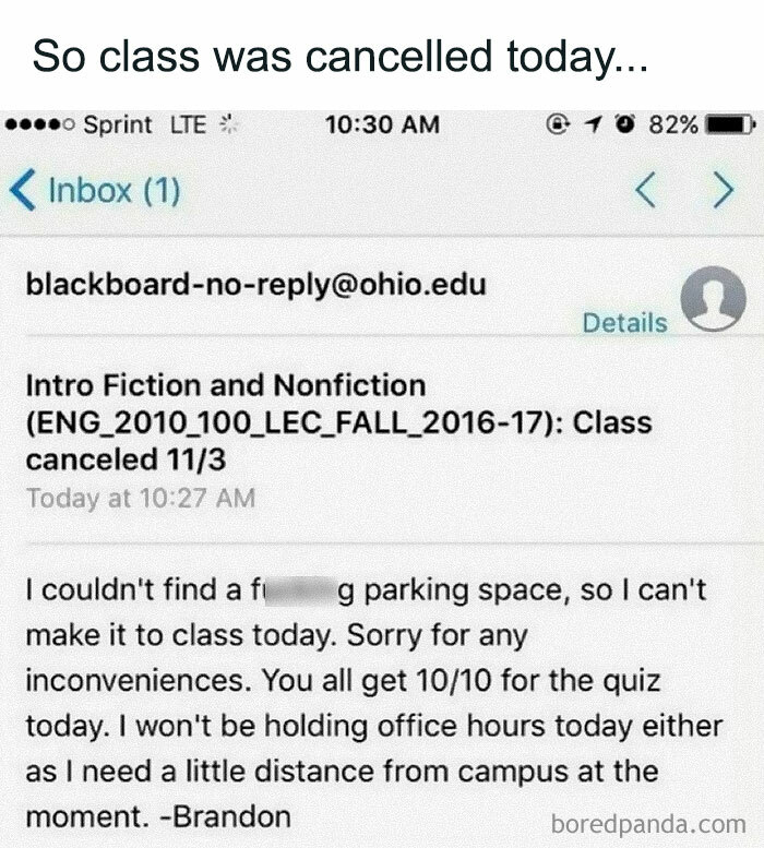 Email screenshot with a humorous note about class cancellation due to parking issues, part of random hilarious memes.