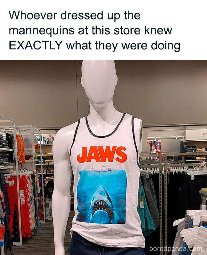 Mannequin wearing a "Jaws" shirt in a store, part of an IG page featuring random hilarious memes.