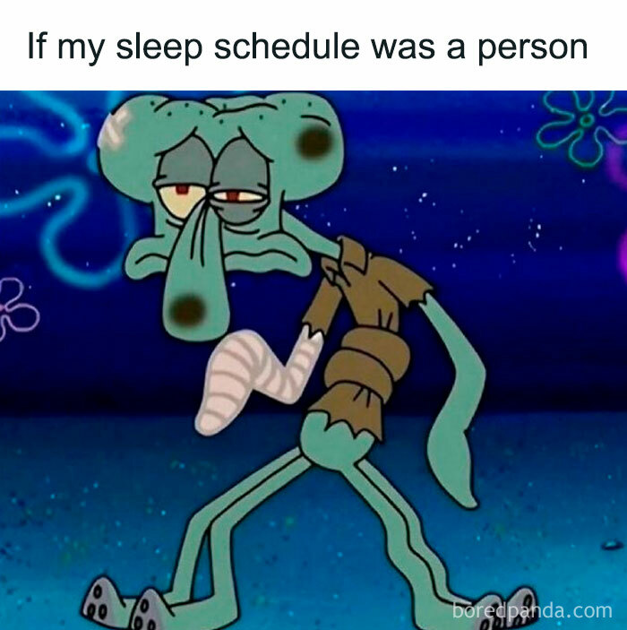 Exhausted cartoon character meme humorously depicting a disrupted sleep schedule.