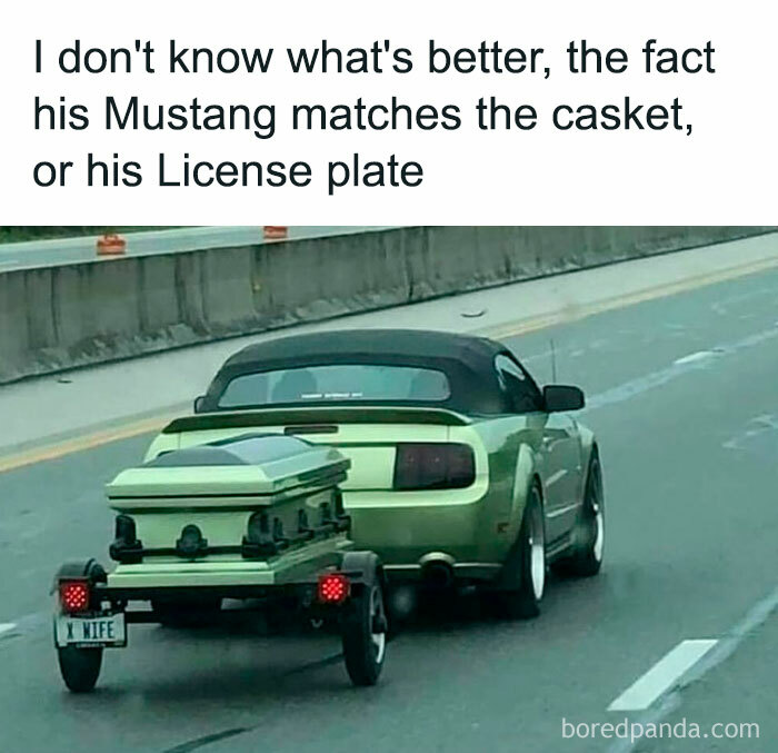 A green Mustang towing a matching casket with a humorous license plate, showcasing a random yet hilarious meme.