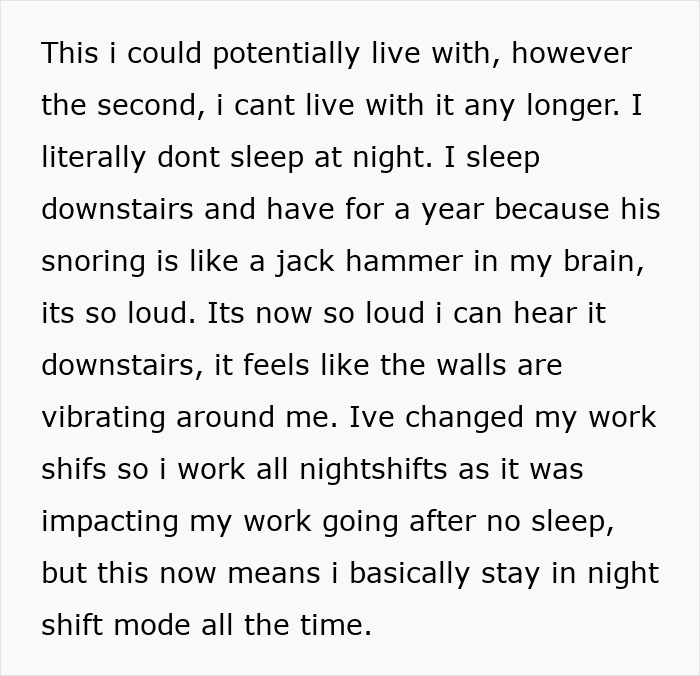 Text describing sleep issues due to boyfriend's loud snoring and its impact on work and life.