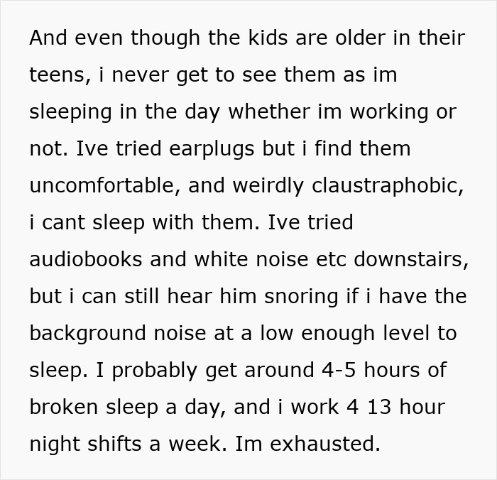 Text about a woman's struggle with sleep deprivation due to her boyfriend's snoring.