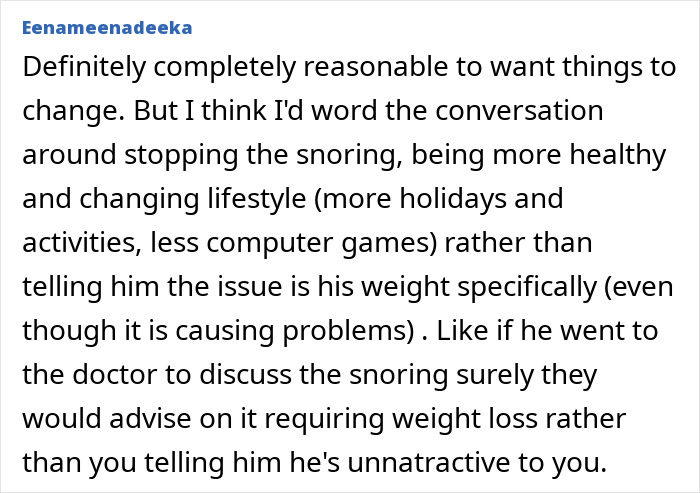 Comment suggesting lifestyle changes to address boyfriend's snoring related to weight issues.