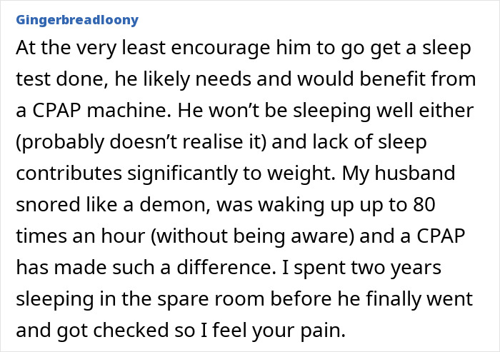 Text discussing lack of sleep due to snoring, suggesting a sleep test and CPAP for overweight partner's relief.