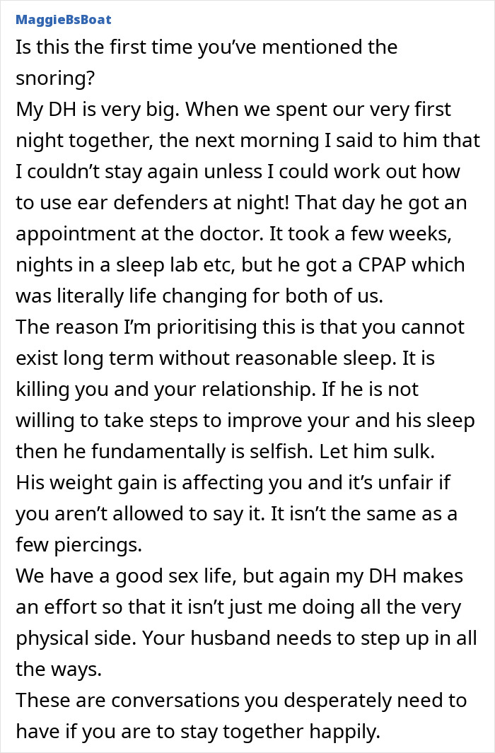 Text discussing a woman's relationship struggles due to her overweight boyfriend's snoring.