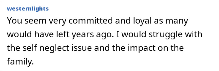 Comment discussing commitment and loyalty, addressing self-neglect and family impact related to sleep issues.