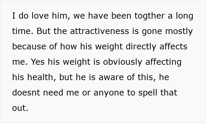 Text expressing concerns about partner's weight and its impact on relationship.