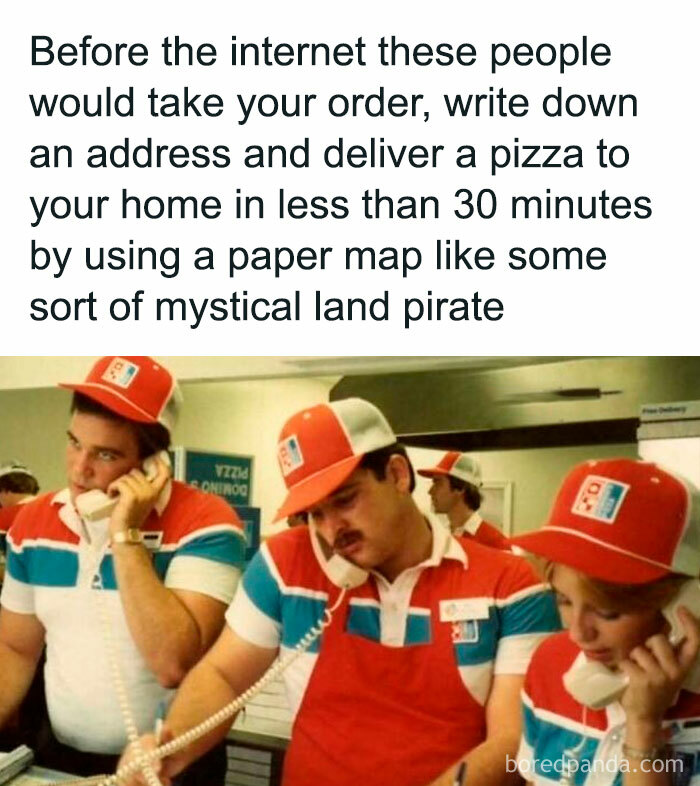 80s pizza shop workers taking phone orders, wearing retro uniforms, reminiscing about nostalgic pre-internet times.