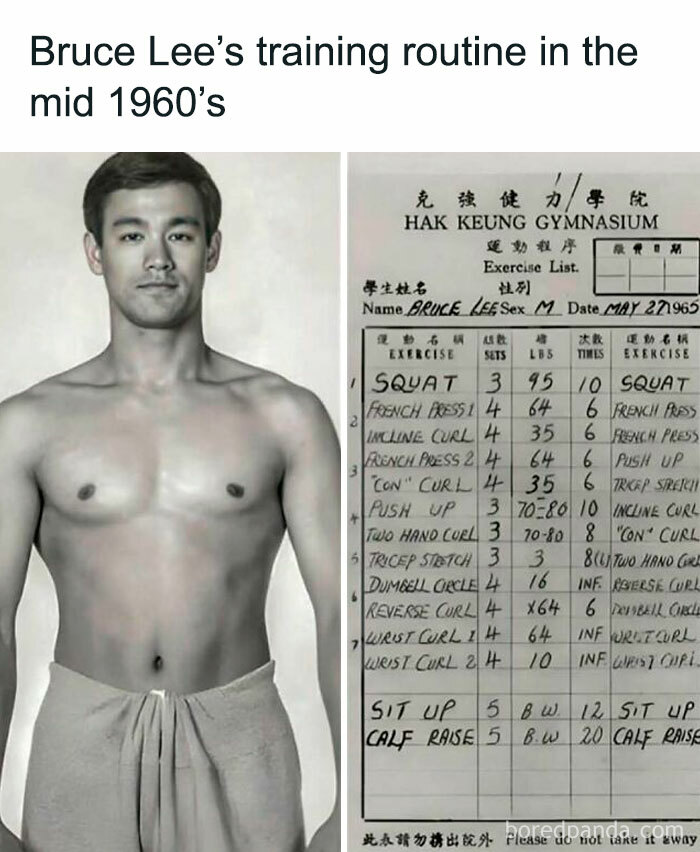 Nostalgic meme showing Bruce Lee's 1960s training routine and exercise list.