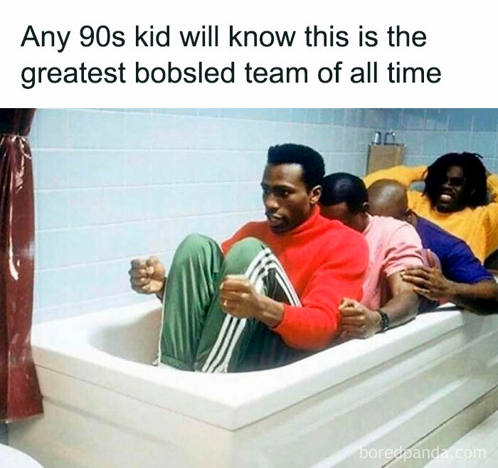 Four men sit in a bathtub, reenacting a bobsled; nostalgic meme for 90s kids.