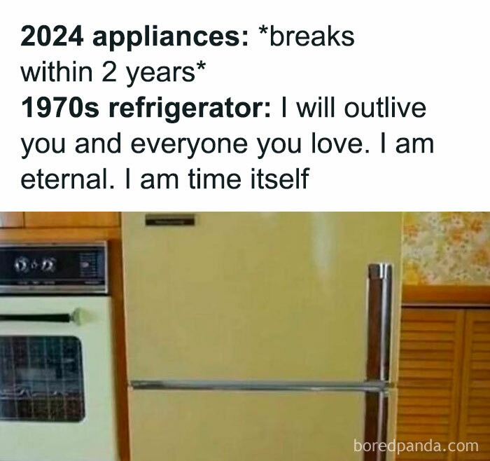 Vintage yellow refrigerator meme evokes nostalgic memories comparing 1970s durability with modern appliances.