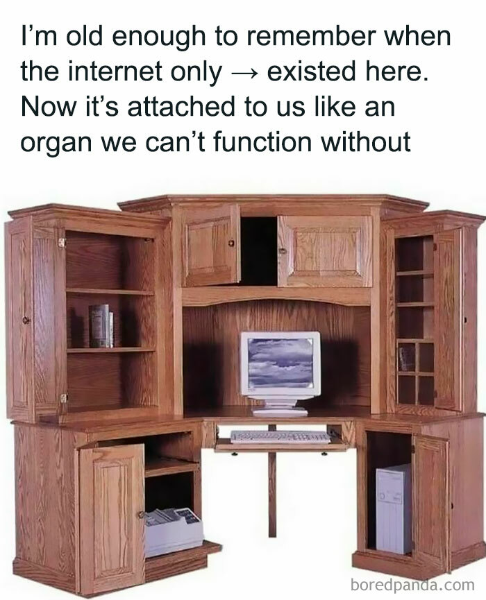 Nostalgic meme featuring an old wooden computer desk with a vintage monitor and humorous text about the internet's evolution.