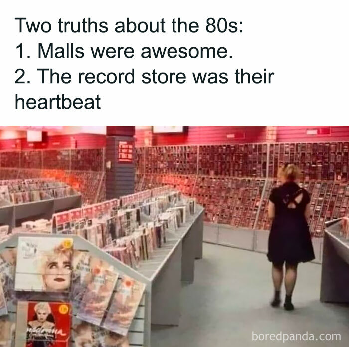 80s nostalgic meme featuring a woman in a record store, highlighting the era's mall culture and music scene.