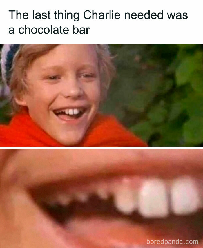 Nostalgic meme with a kid smiling widely, showing teeth in close-up with humorous text about a chocolate bar.