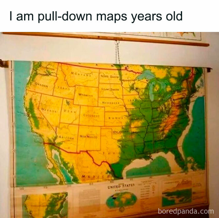 Nostalgic meme about age with a pull-down map of the United States on a wall.