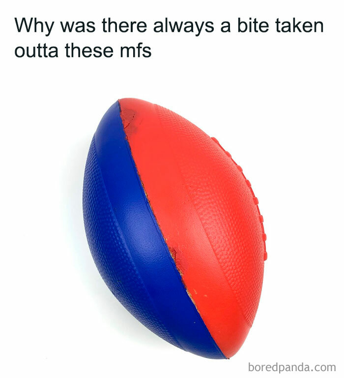 Nostalgic meme of a red and blue toy football with a caption about a missing bite.