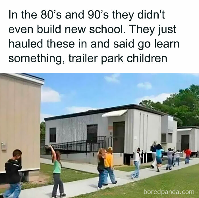 Nostalgic meme of children entering portable classrooms, evoking 80s and 90s school memories.