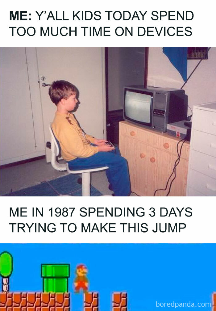 Nostalgic meme of a kid in 1987 playing a video game on a CRT TV.