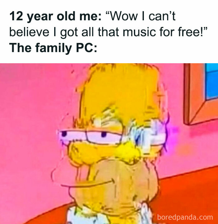 Nostalgic meme of a cartoon character looking distorted, humorously depicting a family's old PC after downloading free music.