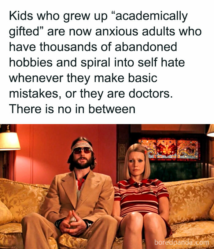 Two characters sitting on a retro couch, with text about academically gifted kids. Nostalgic meme.