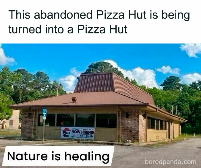 Nostalgic meme of an old Pizza Hut being refurbished back into a Pizza Hut, with the text "Nature is healing."