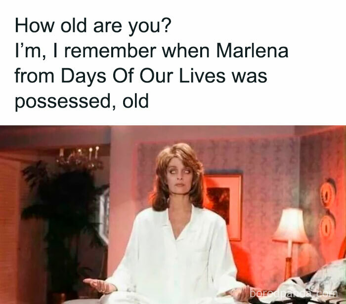 Nostalgic meme of Marlena possessed in "Days of Our Lives," capturing a retro TV moment.