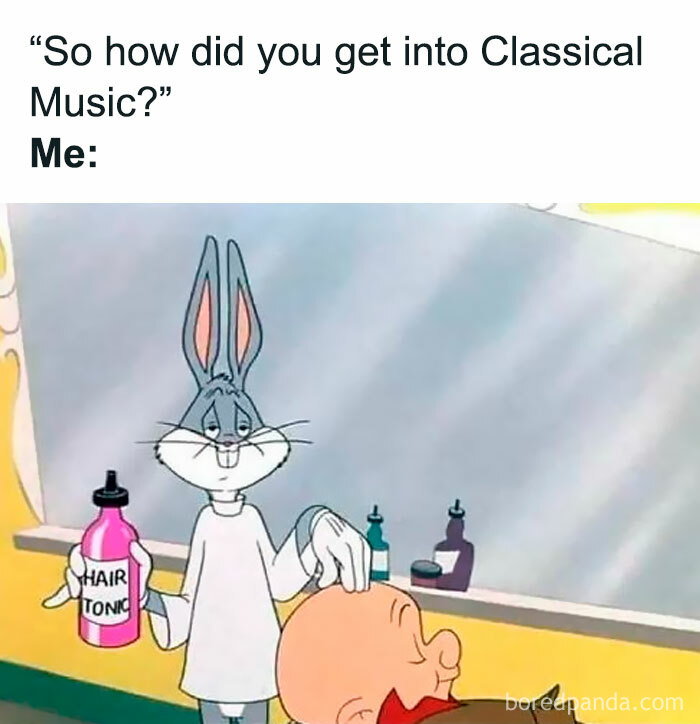 A nostalgic meme with a cartoon rabbit holding hair tonic in a barbershop scene.