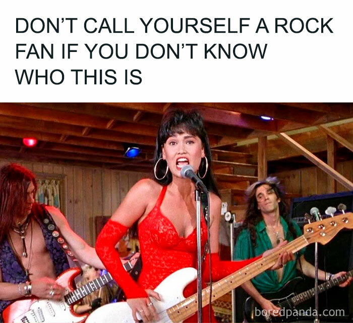 Nostalgic meme featuring a rock band performing, highlighting a female singer in red with bold accessories.