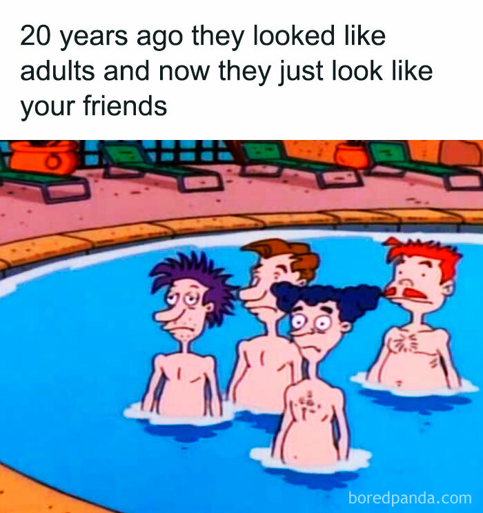 Nostalgic meme of cartoon characters in a pool with a humorous caption about aging.