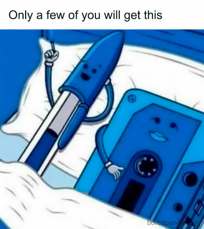 Nostalgic meme: a blue pen and cassette tape with faces, lying together in a playful, cartoon style.