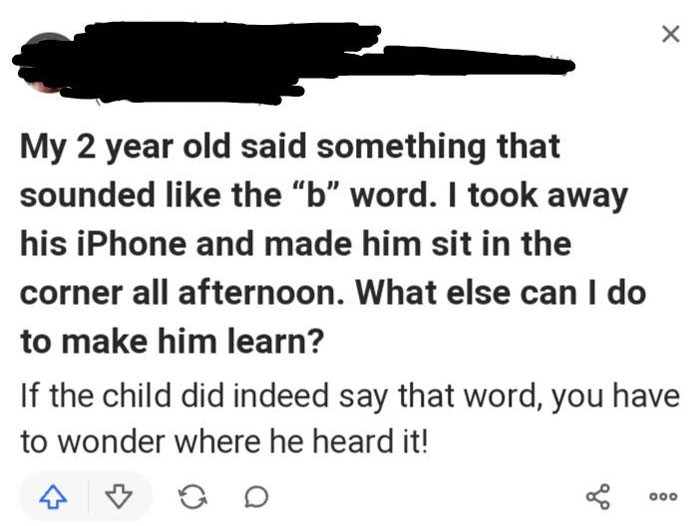 Text about a parent's reaction to a child saying the "b" word, highlighting potential ignorance in parenting.