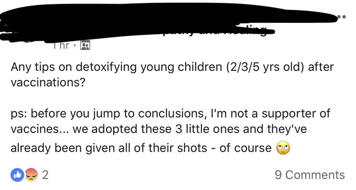 A social media post showing a parent's anti-vaccine sentiment and request for detox tips, highlighting ignorant-parents concerns.