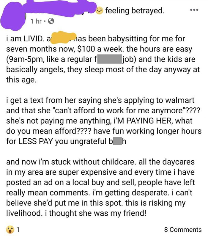 Social media post about babysitting frustrations, highlighting ignorant-parents, with a person expressing feelings of betrayal.