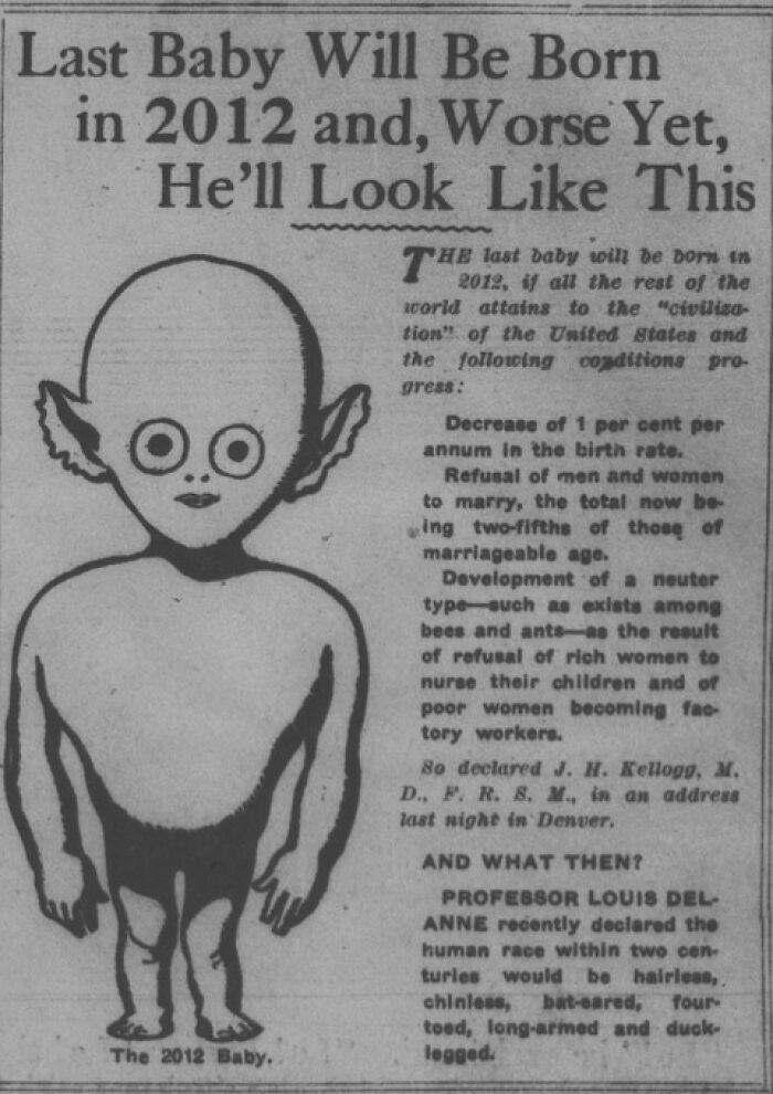 Illustration from a vintage article with a future prediction aged bad about how babies might look in 2012.