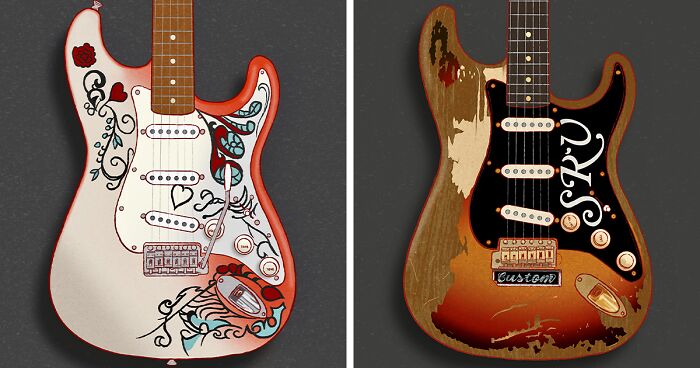 Iconic Guitars Of Famous Guitarists Brought To Life In 17 Illustrations