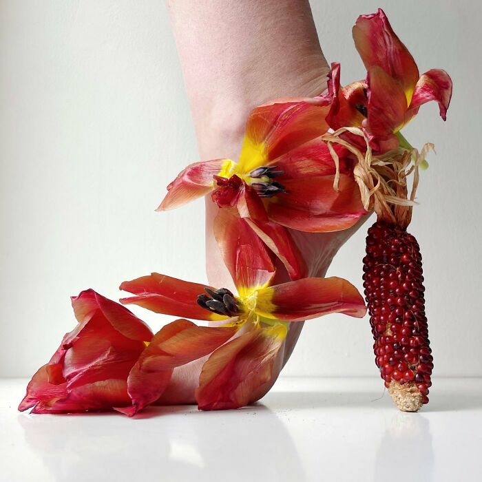 Sculptural footwear made from red tulips and a corn cob, showcasing creative use of everyday objects.