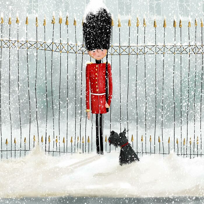 Whimsical illustration by Maja Lindberg of a guard in snow, wearing a red uniform with a dog nearby.