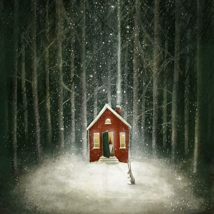 Whimsical illustration by Maja Lindberg featuring a red house in a snowy forest with falling snowflakes.