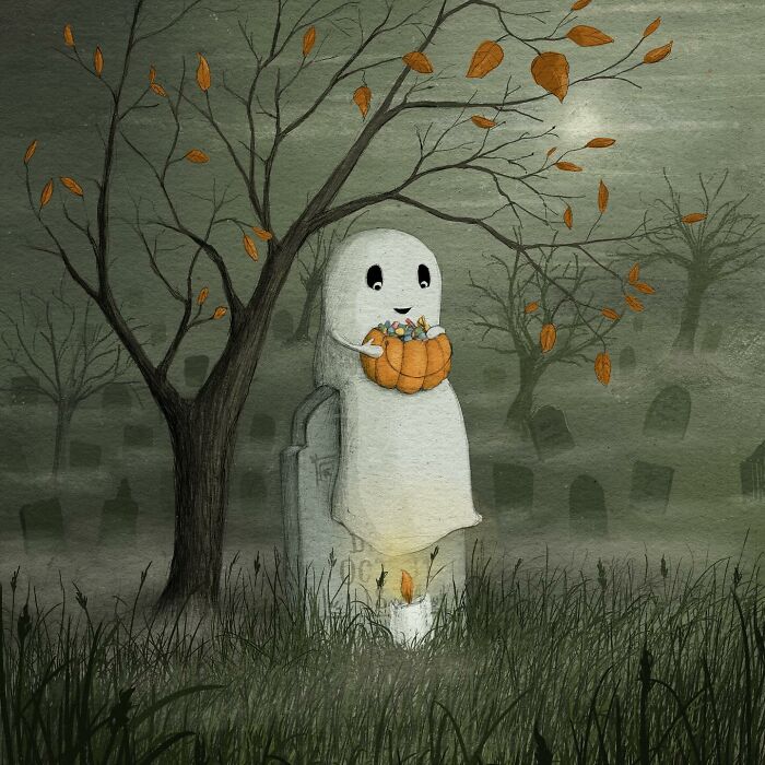 Whimsical illustration of a friendly ghost in a graveyard holding a pumpkin basket, under a bare tree with orange leaves.