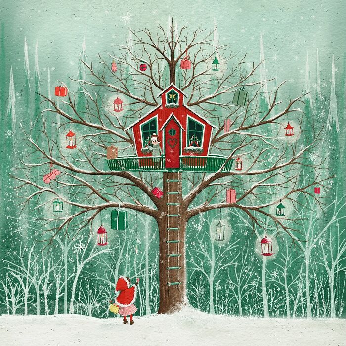 Whimsical illustration of a child in red near a treehouse decorated with gifts and lanterns by Maja Lindberg.