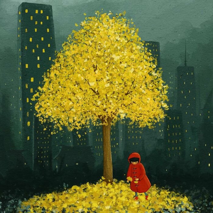 A whimsical illustration by Maja Lindberg featuring a child in a red coat beneath a vibrant yellow tree in a cityscape.