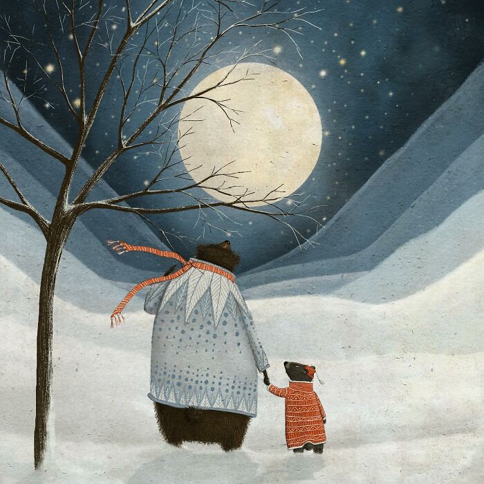 Whimsical illustration by Maja Lindberg of two bears in winter attire gazing at the moon.