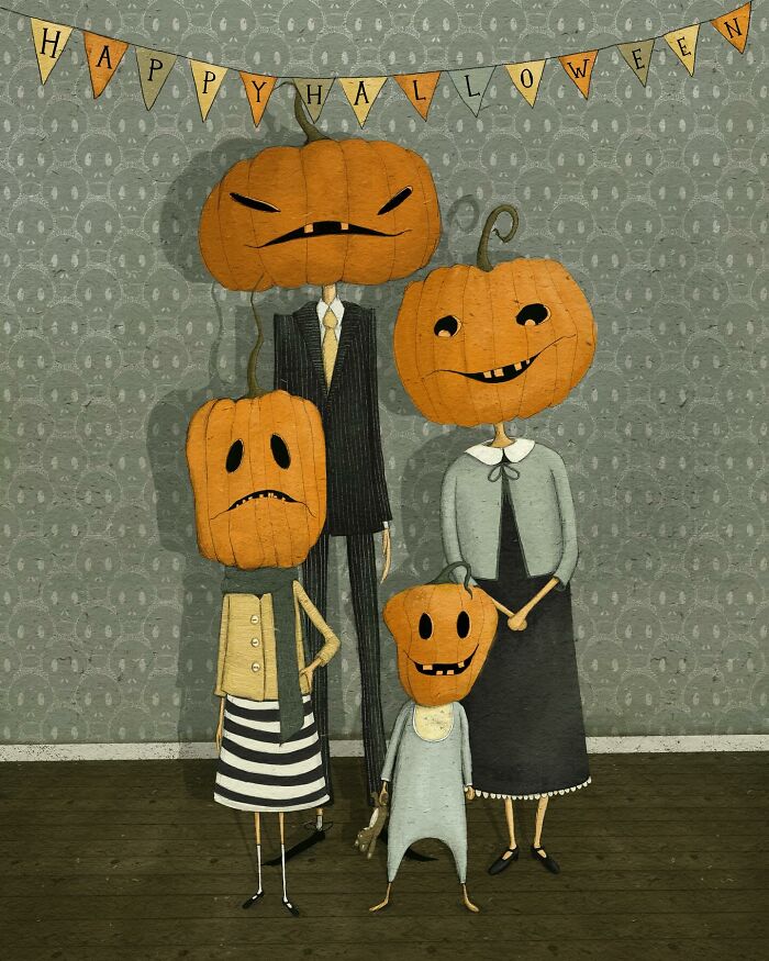 Whimsical illustration by Maja Lindberg depicting a family with pumpkin heads in Halloween attire.