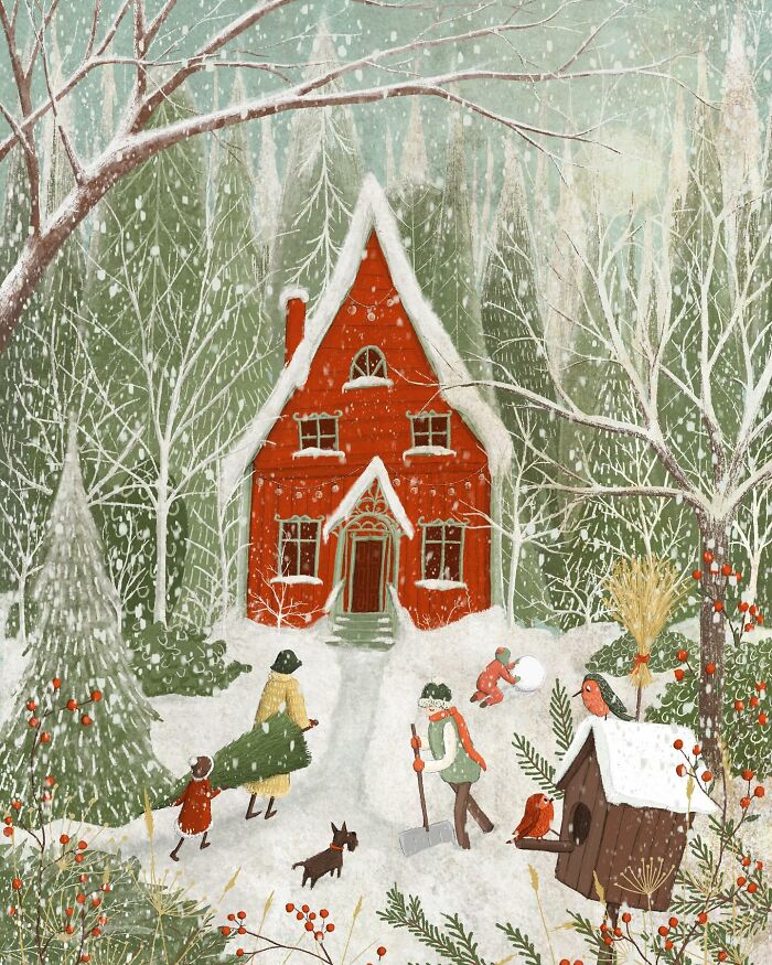 Whimsical winter illustration by Maja Lindberg featuring a red house, forest, and people with a dog in a snowy scene.