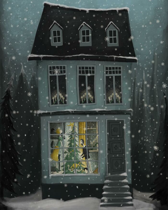 Whimsical illustration of a snow-covered house with people decorating a Christmas tree inside, by Maja Lindberg.