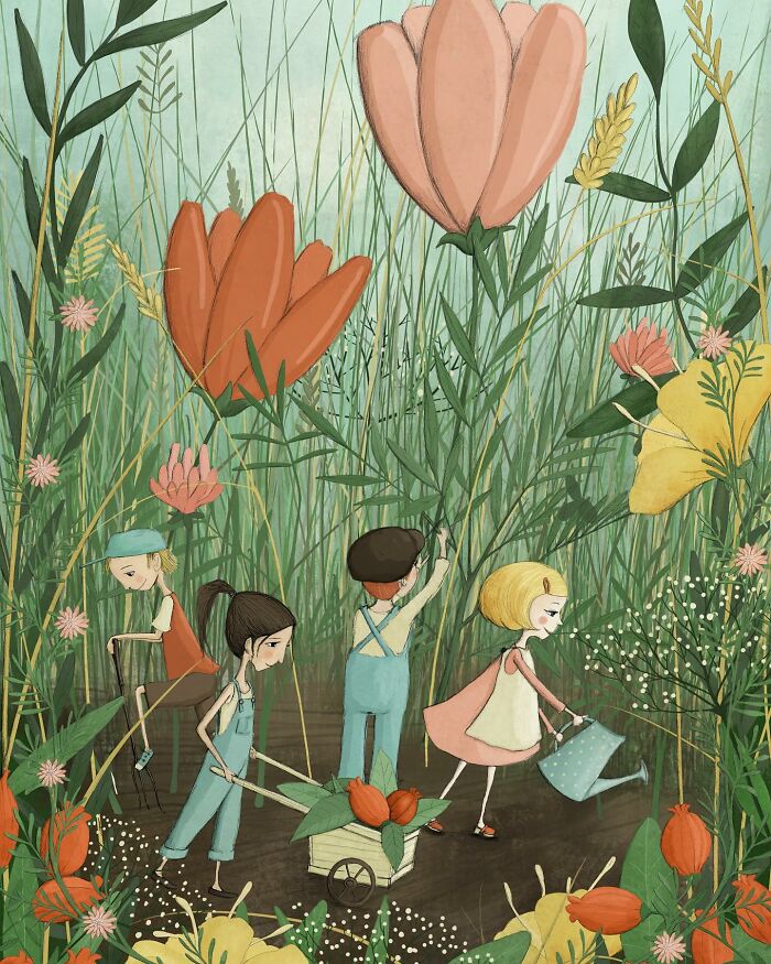 Whimsical illustration of children gardening among oversized flowers and plants by Maja Lindberg.