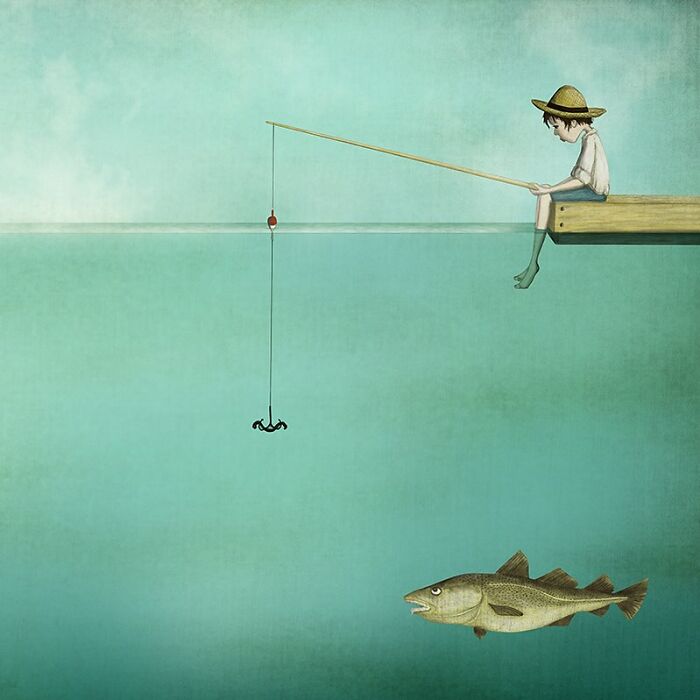 Whimsical illustration of a child fishing from a pier, with a large fish swimming below, by Maja Lindberg.